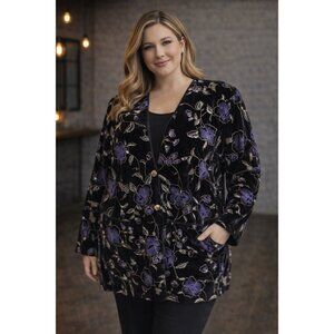 Vintage Tan Jay Black Velvet Blazer Size 14 Purple Gold Floral